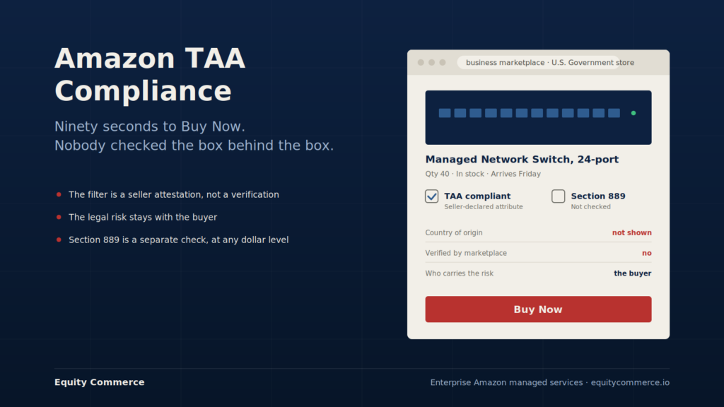 Amazon TAA compliance: a government marketplace listing for network switches with a seller-declared TAA compliant filter, country of origin not shown, and the risk carried by the buyer